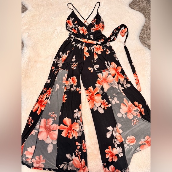 doo b doo Dresses & Skirts - Black Floral Maxi short Dress with Orange Floral Print size M
